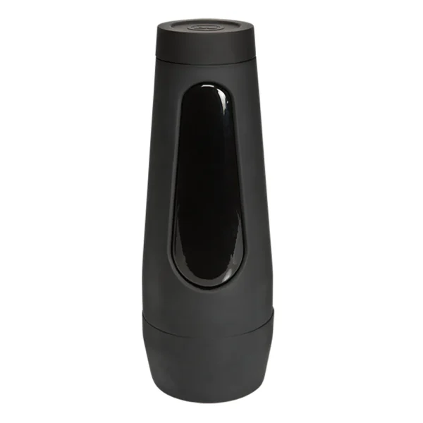 The Doc Johnson Main Squeeze Natasha Nice UltraSkyn Stroker has a sleek, black, cylindrical case with a glossy pressure panel in the centre, shown standing upright against a white background.