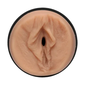 The Doc Johnson Main Squeeze Natasha Nice UltraSkyn Stroker, a round, flesh-toned male masturbator resembling a vulva, is displayed from above against a white background.