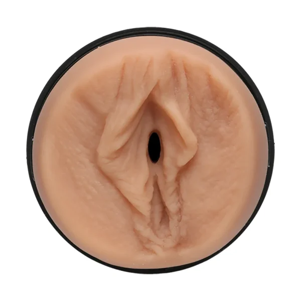 The Doc Johnson Main Squeeze Natasha Nice UltraSkyn Stroker, a round, flesh-toned male masturbator resembling a vulva, is displayed from above against a white background.