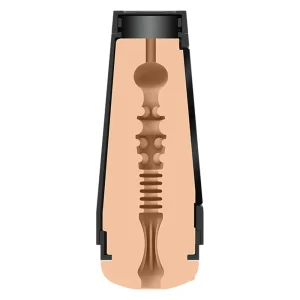 Cross-section illustration of the Doc Johnson Main Squeeze Natasha Nice UltraSkyn Stroker, showing a textured inner canal with ridges and bulbs, soft light flesh UltraSkyn material, and a black external casing.