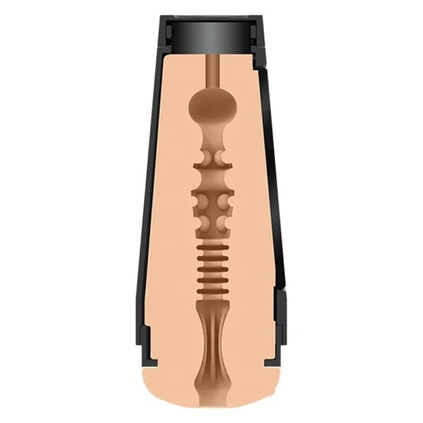 Cross-section illustration of the Doc Johnson Main Squeeze Natasha Nice UltraSkyn Stroker, showing a textured inner canal with ridges and bulbs, soft light flesh UltraSkyn material, and a black external casing.