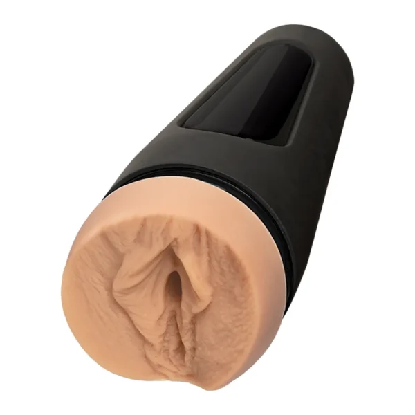 The Doc Johnson Main Squeeze Natasha Nice UltraSkyn Stroker is a handheld male masturbator featuring a black cylindrical case and a realistic vaginal opening made from lifelike flesh-toned UltraSkyn material.