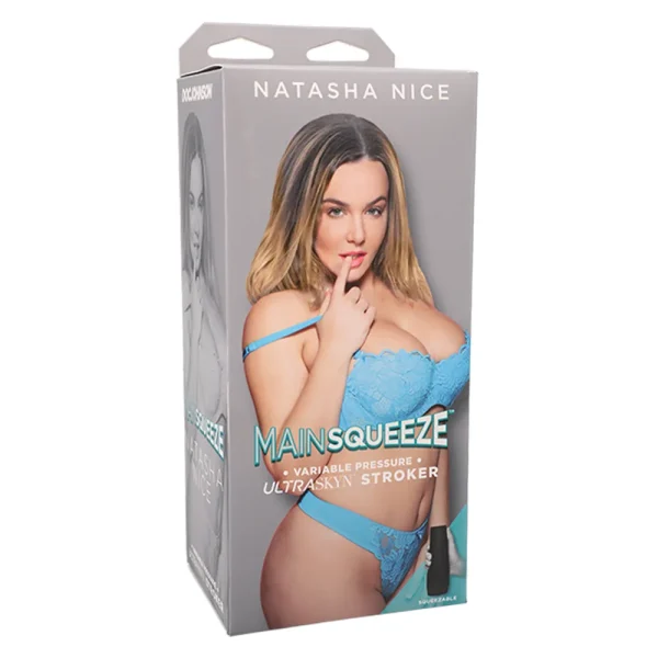 The product box shows Natasha Nice in blue lingerie with her finger on her lips and displays the brand "Main Squeeze." It features the Doc Johnson Main Squeeze Natasha Nice UltraSkyn Stroker, described as a variable pressure stroker.