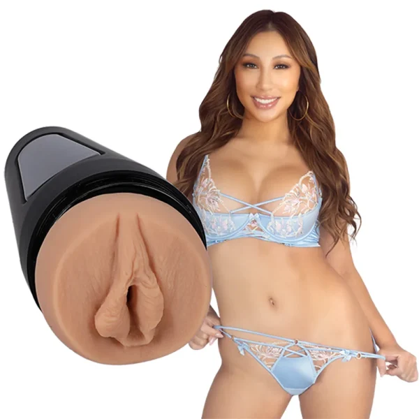 Doc Johnson Main Squeeze Nicole Doshi UltraSkyn Stroker in black case with realistic vagina orifice, displayed next to a smiling Nicole Doshi in blue lace lingerie.