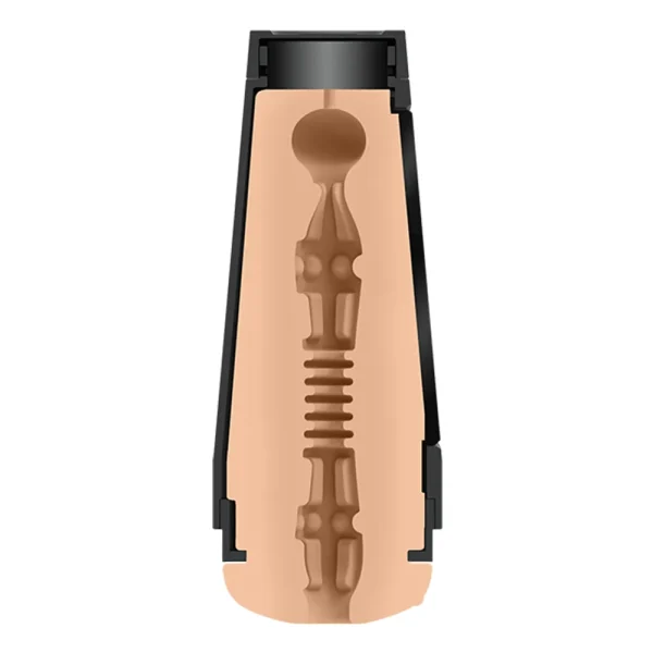 A illustration shows a cross-section of the Doc Johnson Main Squeeze Nicole Doshi UltraSkyn Stroker, revealing its internal textured canal with ridges, bumps, and chambers inside a black outer shell.