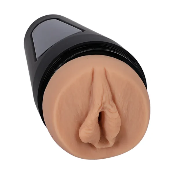 The Doc Johnson Main Squeeze Nicole Doshi UltraSkyn Stroker is a male masturbator with a realistic vulva opening and durable black hard plastic case, displayed against a white background.