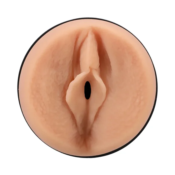 The Doc Johnson Main Squeeze Richelle Ryan UltraSkyn Stroker is a circular, flesh-toned masturbator designed to resemble female genitalia, shown from above on a white background.