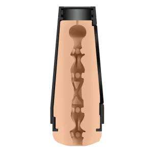 A cross-sectional diagram of the Doc Johnson Main Squeeze Richelle Ryan UltraSkyn Stroker shows its soft, textured interior with bulges and ridges, all encased in a sleek black plastic shell.