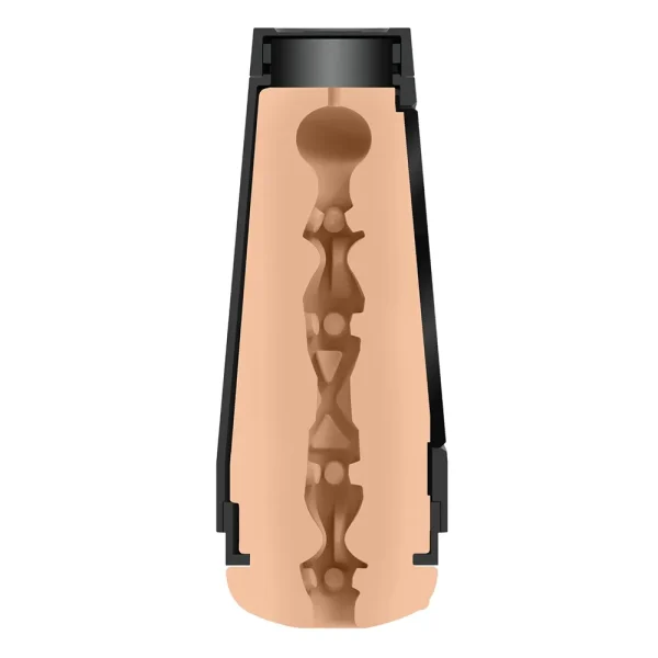 A cross-sectional diagram of the Doc Johnson Main Squeeze Richelle Ryan UltraSkyn Stroker shows its soft, textured interior with bulges and ridges, all encased in a sleek black plastic shell.