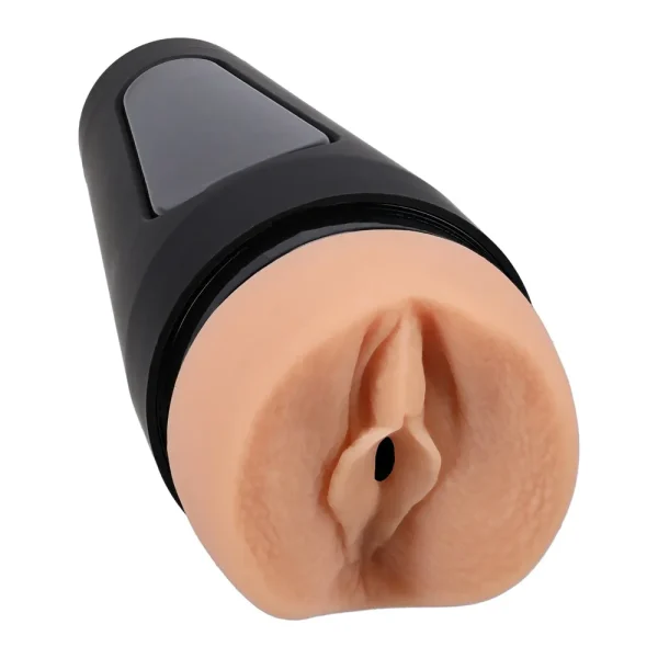 The Doc Johnson Main Squeeze Richelle Ryan UltraSkyn Stroker is a male masturbator with a realistic vulva opening in a light skin tone, featured in a black cylindrical case with an adjustable suction vent on the bottom.