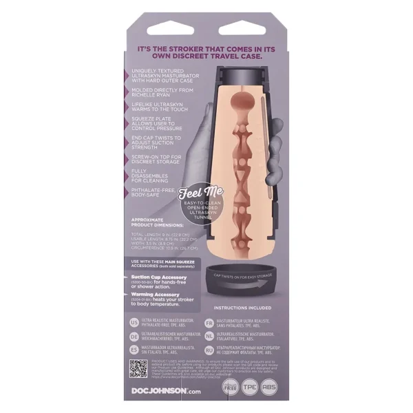 The image shows the back of the Doc Johnson Main Squeeze Richelle Ryan UltraSkyn Stroker box, featuring product details, dimensions, care info, material icons, and an illustration of the stroker in its case.