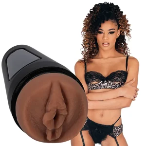 Doc Johnson Main Squeeze Scarlit Scandal UltraSkyn Stroker, a realistic vulva masturbator in black case, shown next to Scarlit Scandal in leopard-print lingerie with curly hair.
