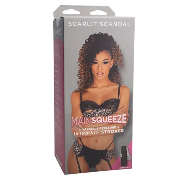 Box packaging for the Doc Johnson Main Squeeze Scarlit Scandal UltraSkyn Stroker features Scarlit Scandal in leopard lingerie, with the product and brand name displayed at the top.