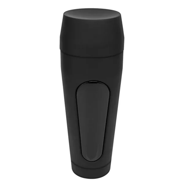 The Doc Johnson Main Squeeze Stella Barey UltraSkyn Stroker features a sleek, modern black cylinder with a secure rounded lid, pressure pad grip, and matt finish.