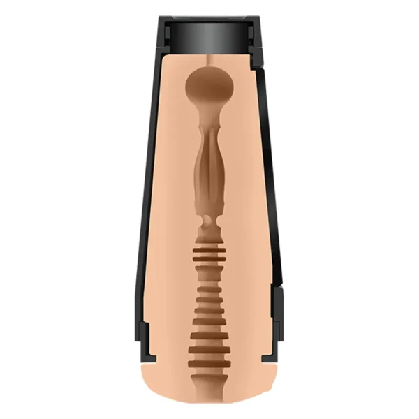A cross-section of the Doc Johnson Main Squeeze Stella Barey UltraSkyn Stroker shows a cylindrical stroker with a textured, flesh-toned interior filled with ridges and bumps, encased in a black and beige outer shell.