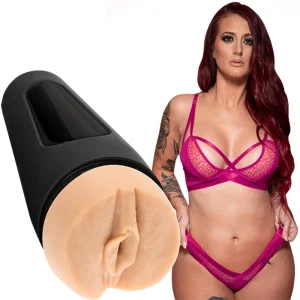 The Doc Johnson Main Squeeze Tana Lea UltraSkyn Stroker, featuring a realistic vaginal opening and black case, is shown with a tattooed, red-haired Tana Lea in pink lingerie.