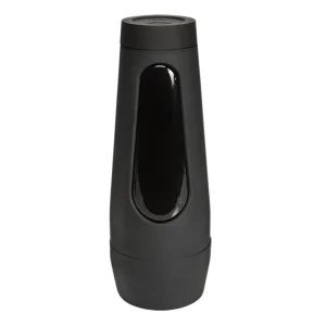 A black, cylindrical Doc Johnson Main Squeeze Tana Lea UltraSkyn Stroker with a glossy pressure panel and screw-on lid is shown standing upright against a white background.