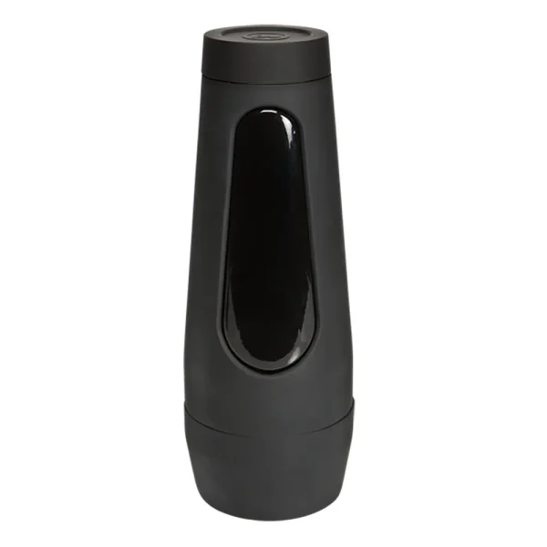 A black, cylindrical Doc Johnson Main Squeeze Tana Lea UltraSkyn Stroker with a glossy pressure panel and screw-on lid is shown standing upright against a white background.