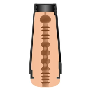 A cross-section illustration of the Doc Johnson Main Squeeze Tana Lea UltraSkyn Stroker shows a cylindrical shape with a textured, flesh-toned interior lined with ridges and nodules, all encased in a black outer shell.
