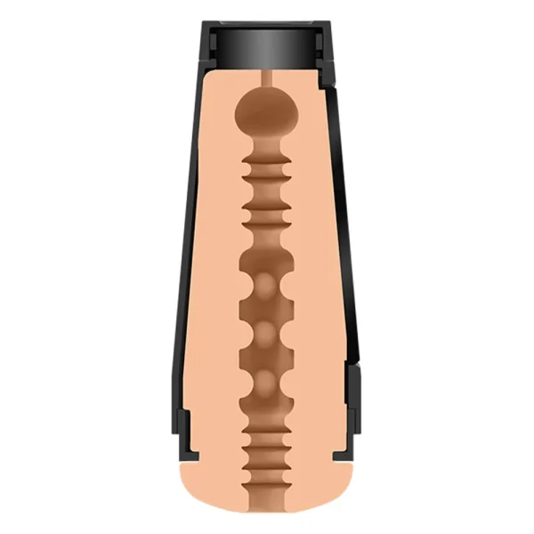 A cross-section illustration of the Doc Johnson Main Squeeze Tana Lea UltraSkyn Stroker shows a cylindrical shape with a textured, flesh-toned interior lined with ridges and nodules, all encased in a black outer shell.
