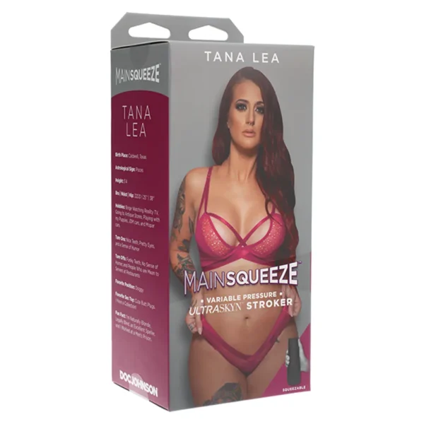 The image shows the packaging for the Doc Johnson Main Squeeze Tana Lea UltraSkyn Stroker, featuring Tana Lea in red lingerie and highlighting the product name on the front.