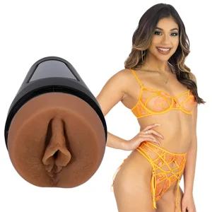 Doc Johnson Main Squeeze XXLayna Marie UltraSkyn Stroker with realistic vulva opening in medium skin tone, displayed in a black case next to XXLayna Marie in an orange lace lingerie set.