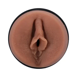 Close-up of the Doc Johnson Main Squeeze XXLayna Marie UltraSkyn Stroker, featuring a realistic vagina opening in medium skin tone within a black cylindrical case, displayed against a white background.