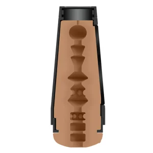 Cross-sectional illustration of the Doc Johnson Main Squeeze XXLayna Marie UltraSkyn Stroker, showing a brown, cylindrical design with a detailed textured interior canal and black outer casing.
