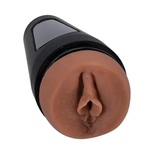 The Doc Johnson Main Squeeze XXLayna Marie UltraSkyn Stroker features a realistic latina vulva opening in a black case with an adjustable suction cap for custom pleasure.