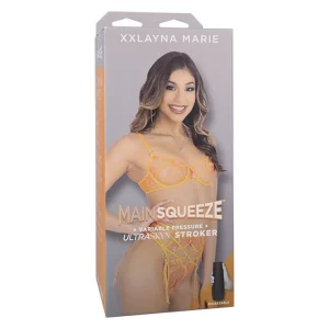 The Doc Johnson Main Squeeze XXLayna Marie UltraSkyn Stroker packaging features XXLayna Marie in yellow lingerie, smiling, with "XXLAYNA MARIE" displayed at the top of the box.