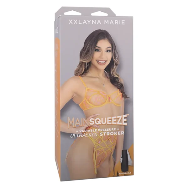 The Doc Johnson Main Squeeze XXLayna Marie UltraSkyn Stroker packaging features XXLayna Marie in yellow lingerie, smiling, with "XXLAYNA MARIE" displayed at the top of the box.