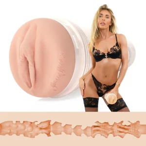 Product image of the Fleshlight Girls Bonnie Blue 1K Texture Masturbator shows detailed textured interior canal views and features Bonnie Blue in black lace lingerie holding the adult toy.