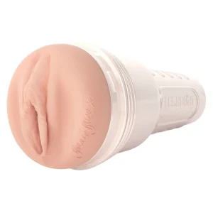 The Fleshlight Girls Bonnie Blue 1K Texture Masturbator is a realistic, flesh-toned adult toy shaped like female genitals, housed in a white cylindrical plastic case with signature text on the side.