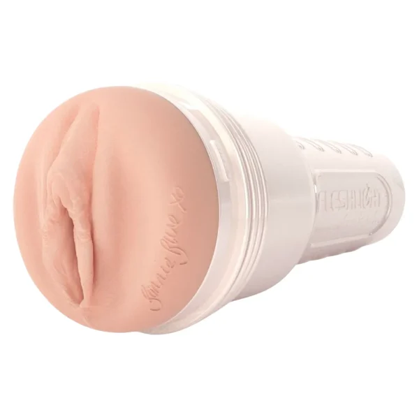 The Fleshlight Girls Bonnie Blue 1K Texture Masturbator is a realistic, flesh-toned adult toy shaped like female genitals, housed in a white cylindrical plastic case with signature text on the side.