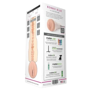 Box packaging for the Fleshlight Girls Bonnie Blue 1K Texture Masturbator, displaying product images, a texture diagram, usage instructions, and accessory recommendations on a white background with English details.