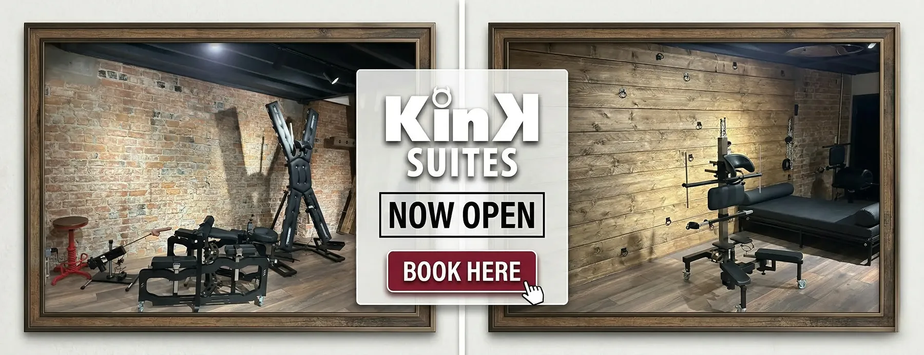 Two framed photos show a BDSM-themed room with bondage equipment and exposed brick and wood walls. In the centre, a sign reads "Kink Suites Now Open Book Here" with a clickable button.