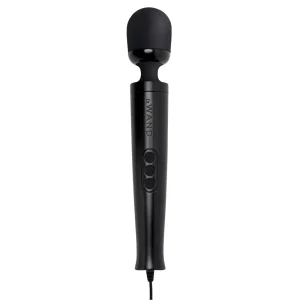 The Le Wand Diecast Plug In Vibrating Wand Massager is a black handheld massager with a rounded head, three control buttons on the handle, and a cord at the base. The handle features the brand name "le WAND" printed vertically.