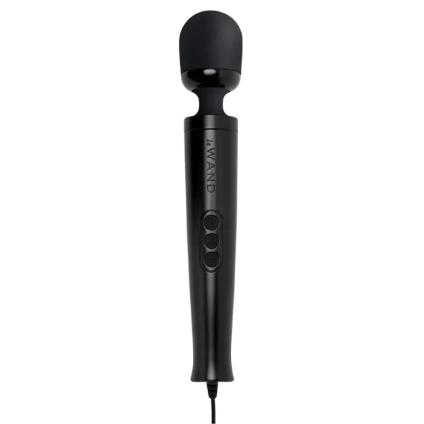 The Le Wand Diecast Plug In Vibrating Wand Massager is a black handheld massager with a rounded head, three control buttons on the handle, and a cord at the base. The handle features the brand name "le WAND" printed vertically.