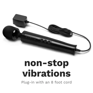 The Le Wand Diecast Plug In Vibrating Wand Massager is a black wand with three buttons and an 8-foot cord for non-stop vibrations.