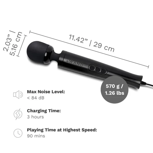 The Le Wand Diecast Plug-In Vibrating Wand Massager is a black handheld device measuring 29 x 5.16 cm and weighing 570 g. It offers under 84 dB noise, charges in 3 hours, and runs for up to 90 minutes at top speed.