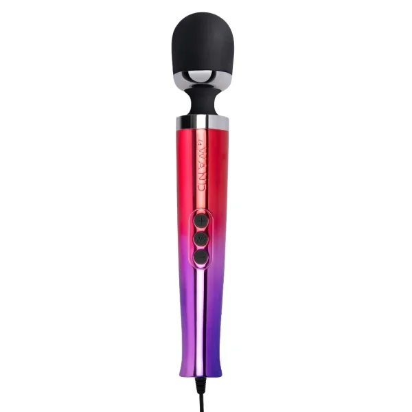 The Le Wand Diecast Plug In Vibrating Wand Massager features a large black rounded head, a glossy red-to-purple gradient handle, three control buttons on the front, and a power lead at the bottom.