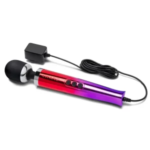 The Le Wand Diecast Plug In Vibrating Wand Massager features a metallic red and purple body, black rounded head, handle buttons, and comes with a power lead and adaptor.