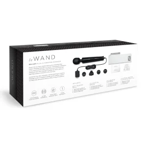 Back side of the product box for the Le Wand Diecast Plug-In Vibrating Wand Massager displays the massager and accessories. Text highlights features like adjustable speeds, with icons illustrating its capabilities.