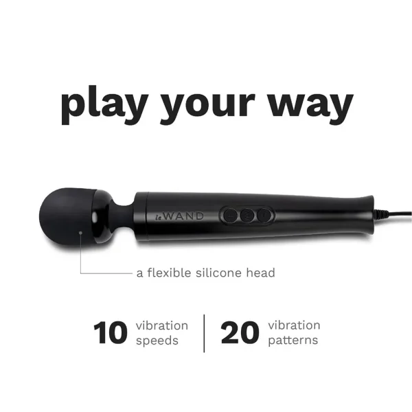 The Le Wand Diecast Plug In Vibrating Wand Massager features a black design with labelled highlights: flexible silicone head, 10 vibration speeds, and 20 patterns. Above the wand, the phrase "play your way" is displayed.