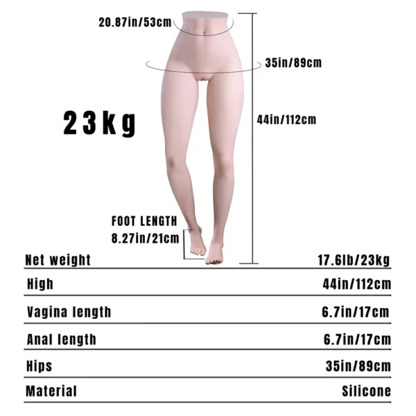 Image of the MRL Doll Rae Climax Sex Torso Sexy Legs, silicone lower body with measurements: height 44in/112cm, hip 35in/89cm, waist 20.87in/53cm, foot length 8.27in/21cm, net weight 23kg.