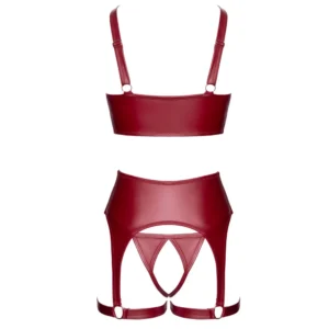 The Cottelli Lingerie Open Set With Shelf Bra features dark red faux leather, a shelf bra, and a high-waisted suspender belt with straps and cut-out details, along with open crotch underwear, all displayed on a white background.