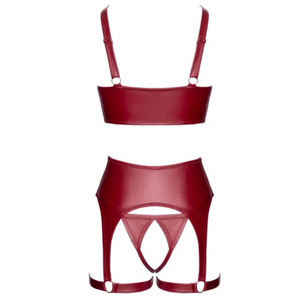 The Cottelli Lingerie Open Set With Shelf Bra features dark red faux leather, a shelf bra, and a high-waisted suspender belt with straps and cut-out details, along with open crotch underwear, all displayed on a white background.