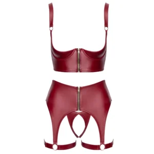 The Cottelli Lingerie Open Set With Shelf Bra is a two-piece red faux leather set with gold front zips, cut-outs, and adjustable shoulder and leg straps on the shelf bra and high-waisted suspender-style bottoms.