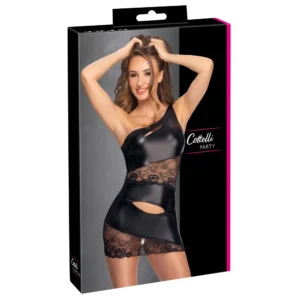 The Cottelli Party One Shoulder Mini Dress comes in a black and pink box showing a woman in a black, one-shoulder mini dress with sheer lace panels.