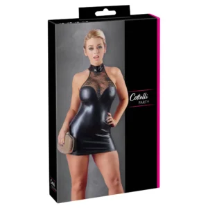 A packaging box for the Cottelli Party Wetlook Lace Dress shows a model in a black, shiny, halter-neck mini dress with lace details, holding a clutch against a grey background. The box is labelled "Cottelli Party Wetlook Lace Dress.